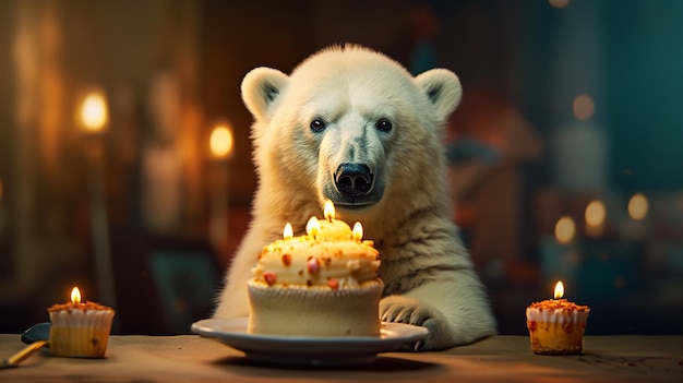 Um urso polar está sentado em uma mesa com um bolo com velas nele.