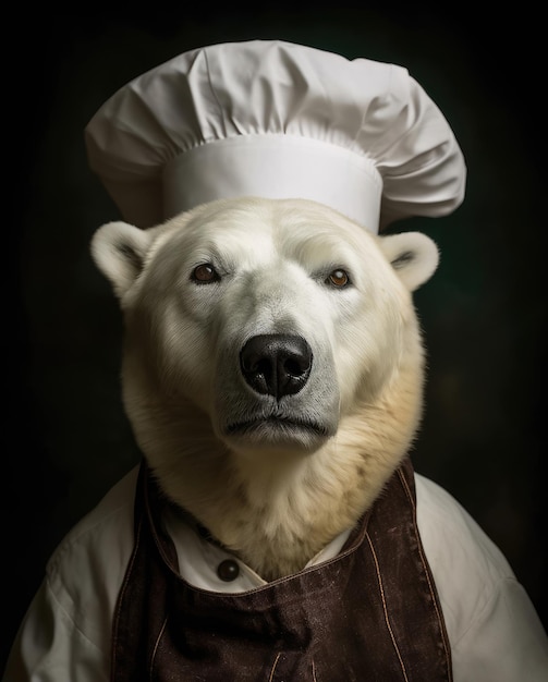 Um urso polar está vestido como um chef