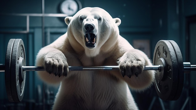 Um urso polar levantando pesos