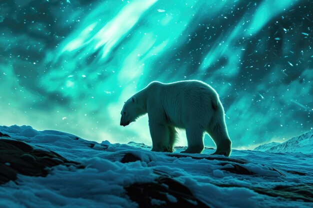 Foto um urso polar no brilho etéreo das luzes do norte