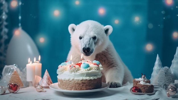 Um urso polar olha para um bolo de aniversário com uma vela nele