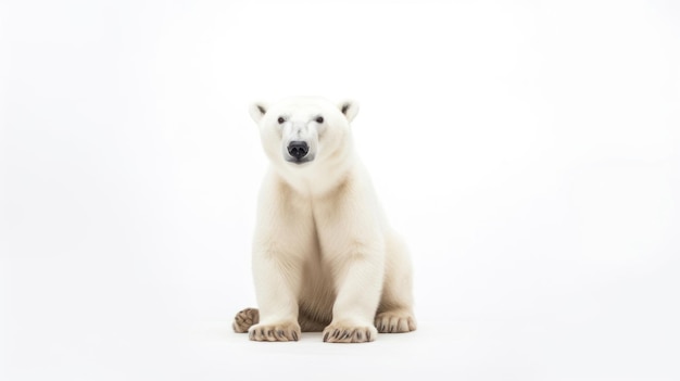 Um urso polar senta-se em um fundo branco.