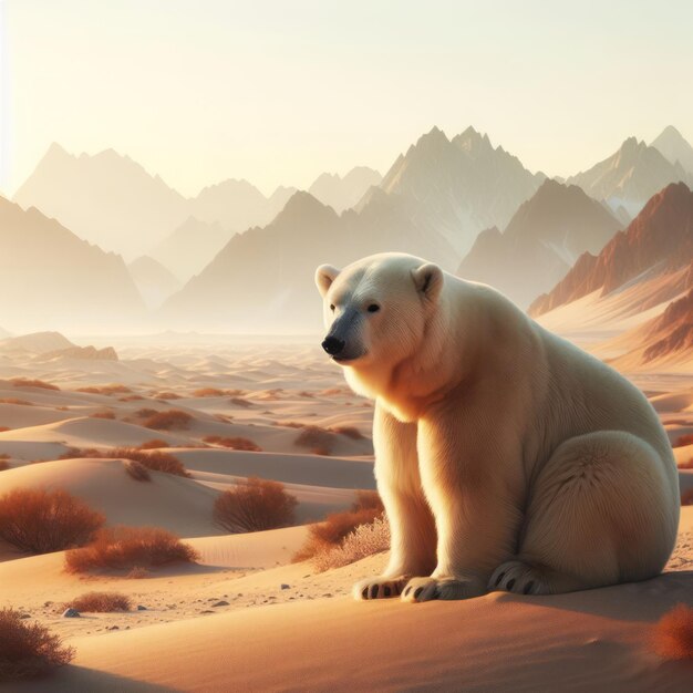 Um urso polar sentado num deserto quente