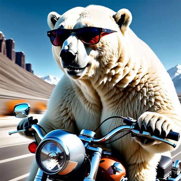 um urso polar usando óculos escuros dirigindo uma motocicleta no estilo de ed ruscha 4k uhd ultra 32kh