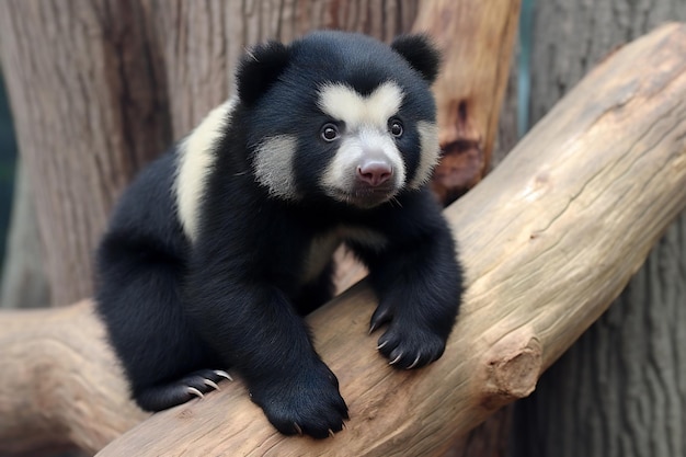 Um urso preto e branco está sentado em um galho de árvore no zoológico