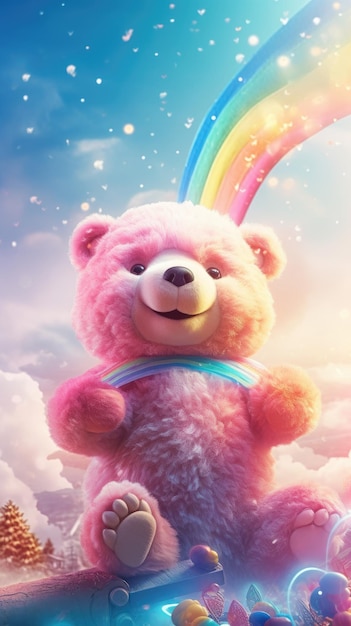 Um urso rosa com um arco-íris nele