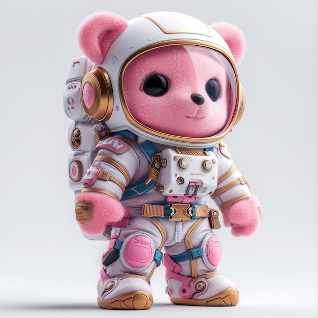 Foto um urso rosa com um capacete está de pé em um fato de astronauta
