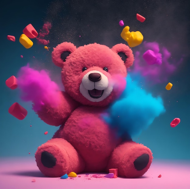 um urso roxo com cores azul e rosa está brincando com granulado.