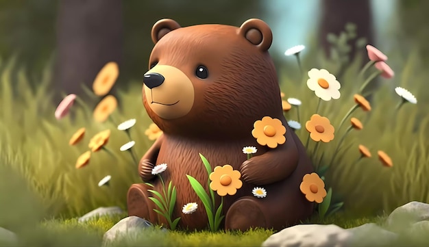 Um urso sentado em um campo de flores