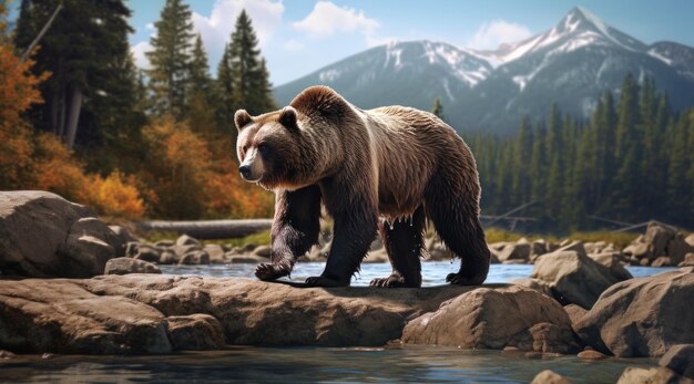 Um urso urso caminha sobre rochas em um riacho