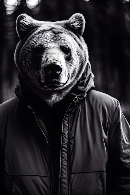 Um urso vestindo uma jaqueta que diz 'bear' on it