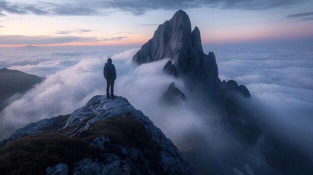 Um vagabundo solitário no pico alpino olhando para a vista majestosa entre as nuvens do crepúsculo