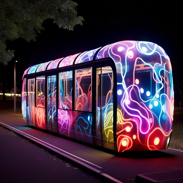 Um vagão de comboio colorido com a palavra " arte ".
