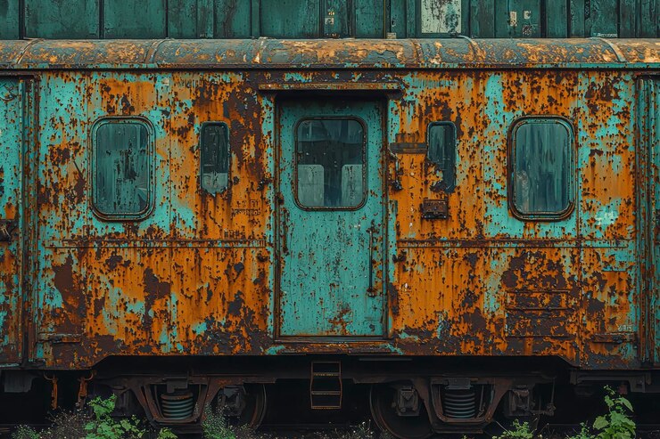 Foto um vagão de trem de carga abandonado e desgastado, uma relíquia enferrujada de negligência