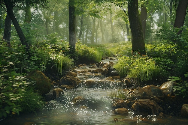Um val tranquilo da floresta com um octano de riacho balbuciante