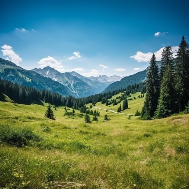 Foto um vale de montanha com um prado e uma montanha ao fundo