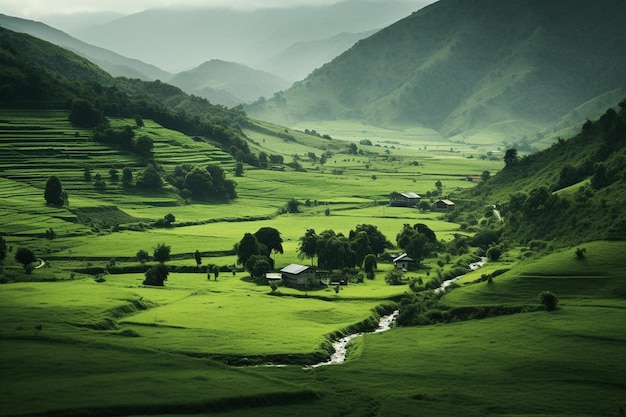 Um vale verde com um rio correndo por ele