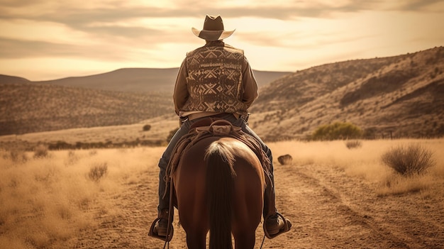 Foto um vaqueiro a cavalo.