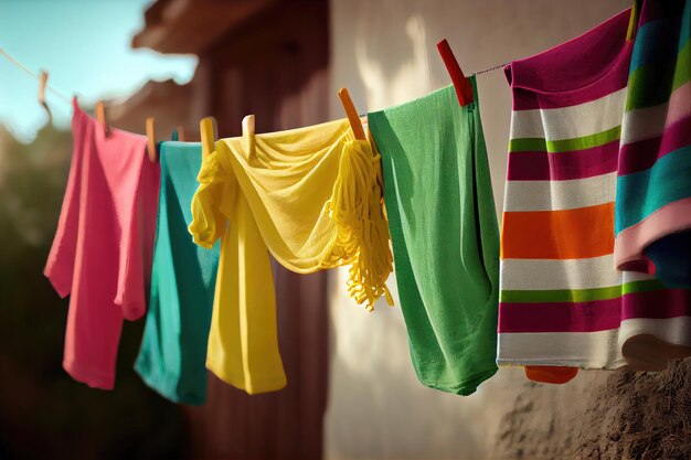 Um varal com itens coloridos recém-lavados pendurados na brisa