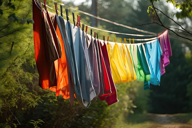 Foto um varal com roupa colorida balançando na brisa