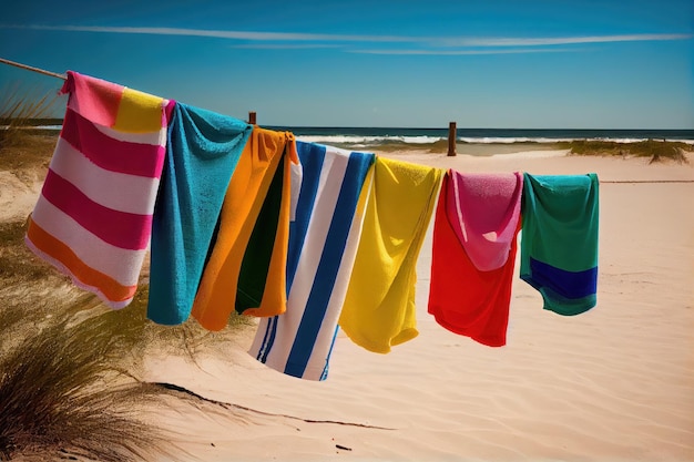 Um varal pendurado com toalhas de praia coloridas prontas para um dia na praia