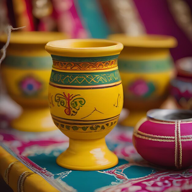 Foto um vaso amarelo com um desenho vermelho e verde em cima dele senta-se em uma mesa