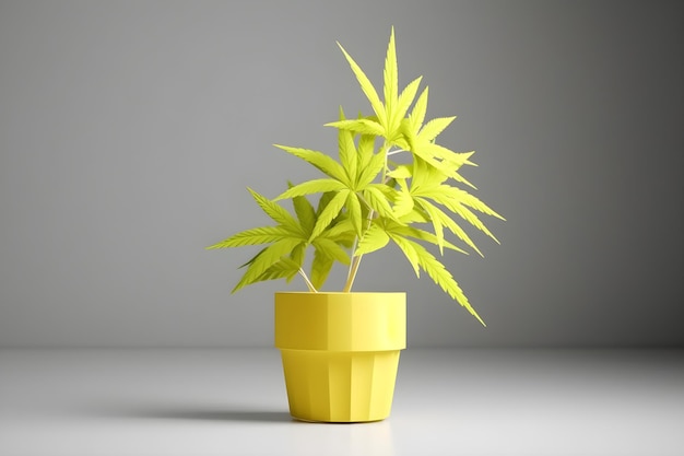 Um vaso amarelo com uma planta feita de papel.