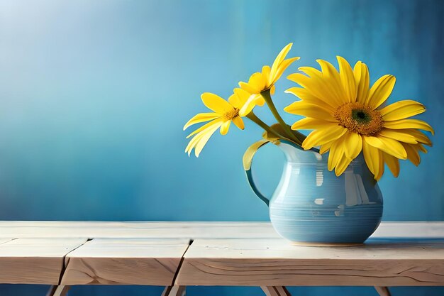 um vaso azul com flores amarelas sobre uma mesa