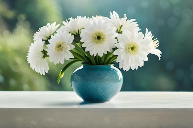 Um vaso azul com flores brancas e a palavra gerbera no fundo.