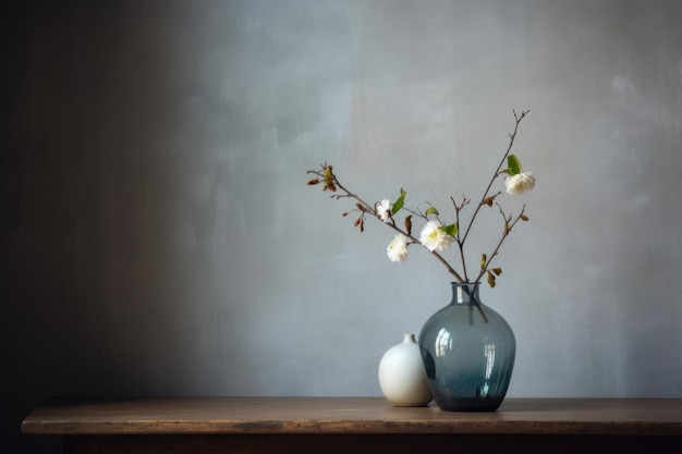 Um vaso azul com flores brancas está sobre uma mesa de madeira.