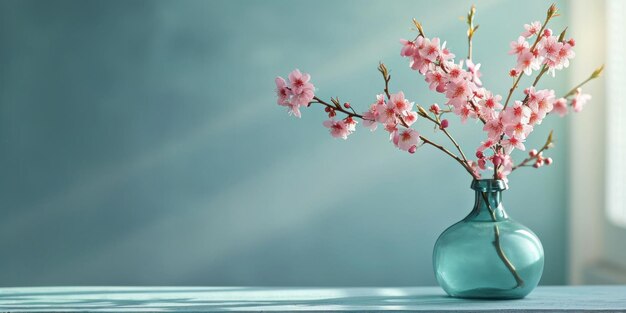 um vaso azul com flores de cerejeira em cima de uma mesa