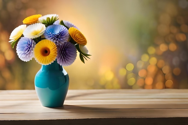 Um vaso azul com flores e o sol atrás dele.