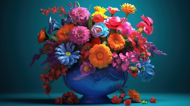 Um vaso azul com flores e um fundo azul.