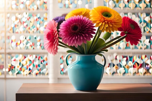 Um vaso azul com flores e um fundo colorido.