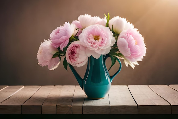 Um vaso azul com peônias rosa sobre uma mesa de madeira.