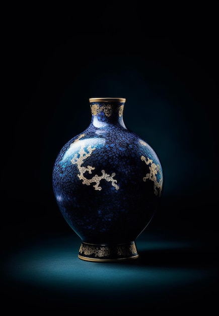 um vaso azul e branco com um desenho