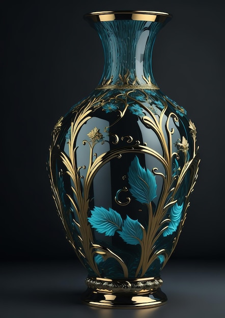 Um vaso azul e dourado com flores douradas.