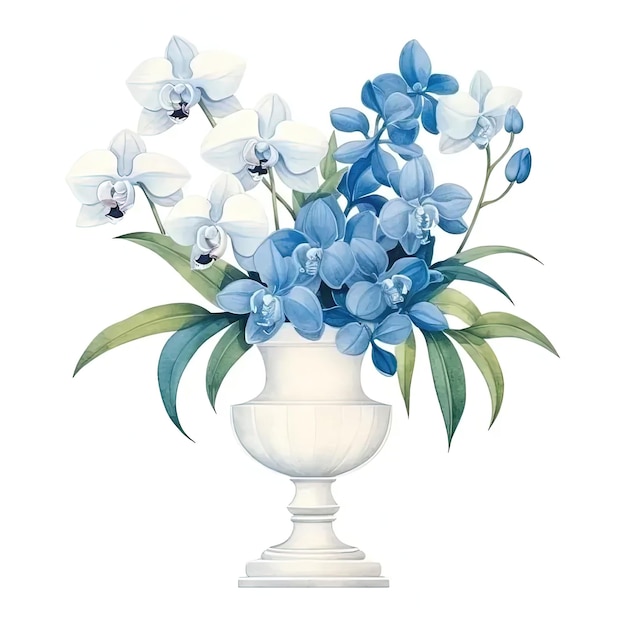 Um vaso branco cheio de flores azuis e brancas