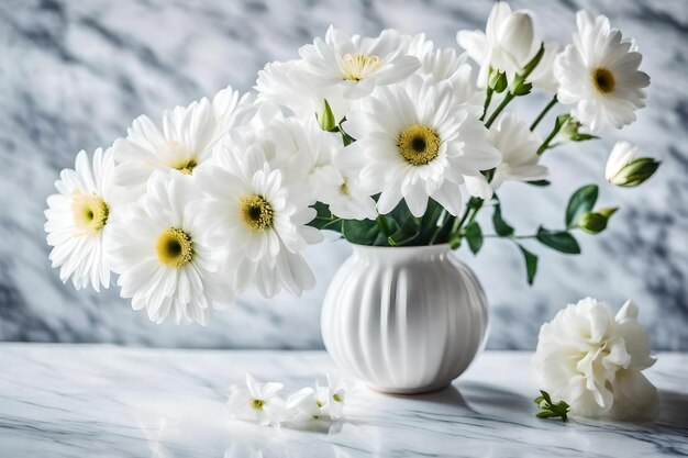 Um vaso branco com flores amarelas e brancas