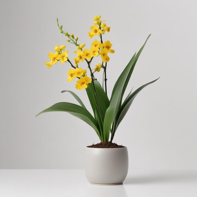 um vaso branco com flores amarelas e folhas verdes