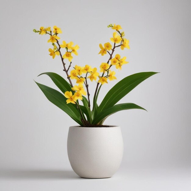 um vaso branco com flores amarelas e folhas verdes