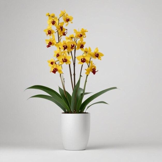 um vaso branco com flores amarelas e folhas verdes