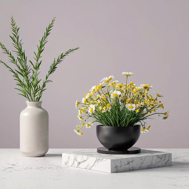 um vaso branco com flores amarelas em uma mesa de mármore