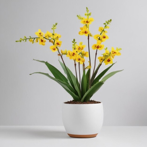 um vaso branco com flores amarelas em uma mesa