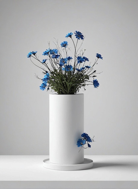 Foto um vaso branco com flores azuis nele