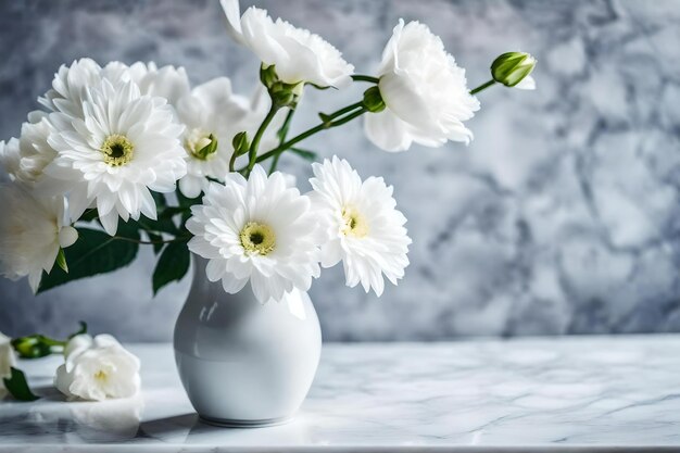 Um vaso branco com flores brancas e fundo cinza.