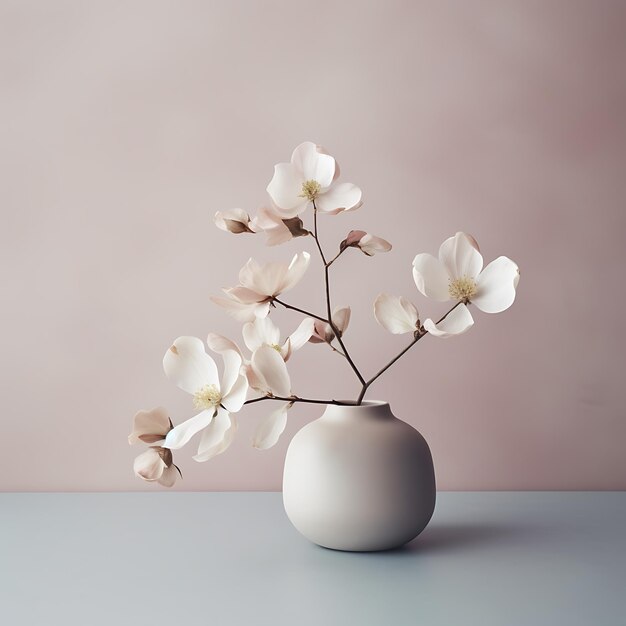 Um vaso branco com flores e um fundo rosa.