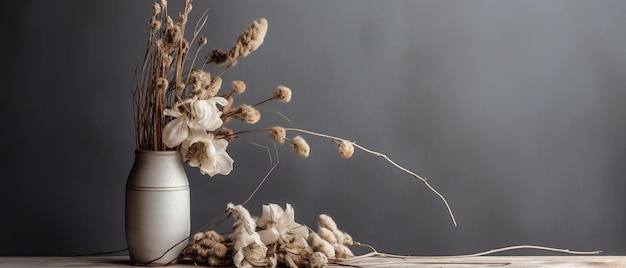 Um vaso branco com flores secas sobre uma mesa