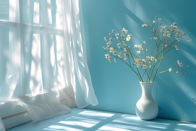 Um vaso branco com flores sentado em um peitoral da janela ao lado de uma janela com cortinas brancas