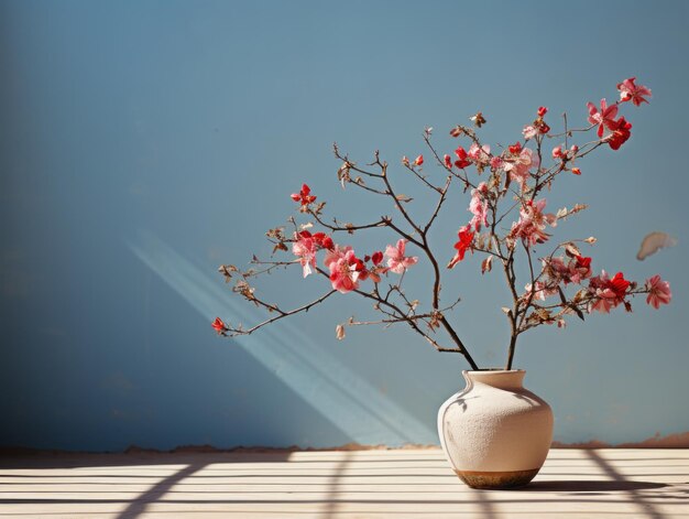 um vaso branco com flores vermelhas em frente a uma parede azul